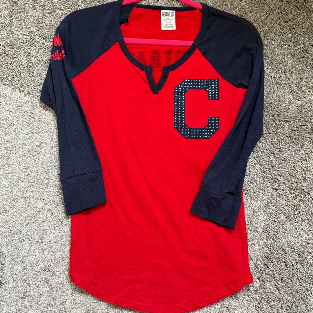 Cleveland Indians pink baseball tee crop